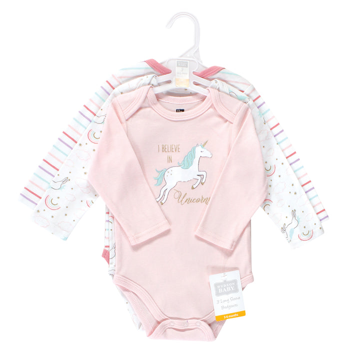 Hudson Baby Infant Girl Cotton Long-Sleeve Bodysuits, Glitter Unicorn