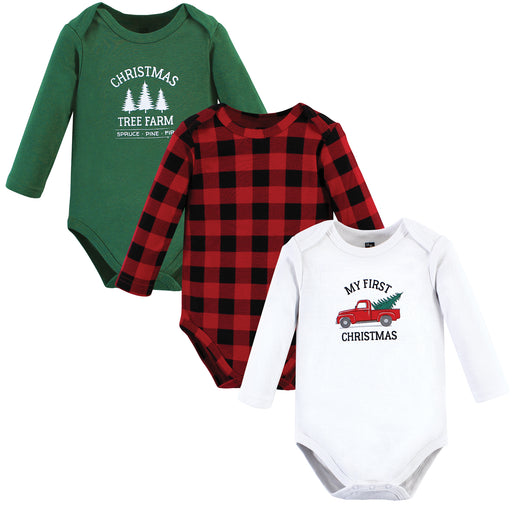 Hudson Baby 3-Pack Cotton Long-Sleeve Bodysuits, Christmas Tree