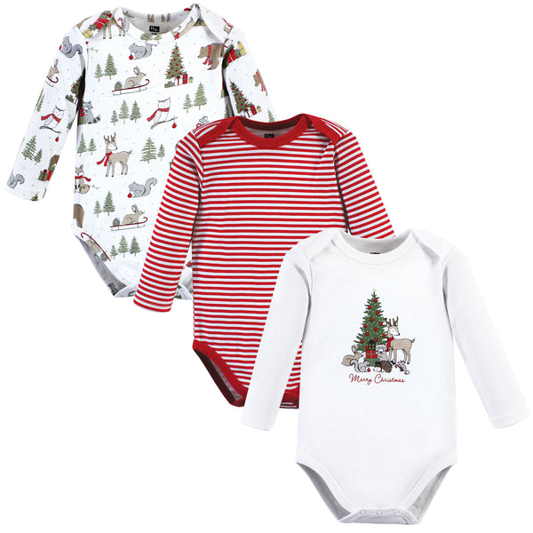 Hudson Baby 3-Pack Cotton Long-Sleeve Bodysuits, Christmas Forest