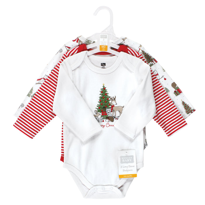 Hudson Baby 3-Pack Cotton Long-Sleeve Bodysuits, Christmas Forest