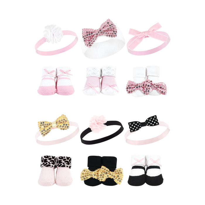 Hudson Baby Infant Girl 12 Piece Headband and Socks Giftset, Pink Sequin Gold Sequin