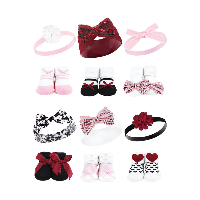 Hudson Baby Infant Girl 12 Piece Headband and Socks Giftset, Pink Sequin Red Sequin