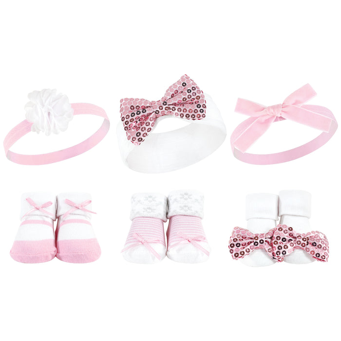 Hudson Baby Infant Girl 12 Piece Headband and Socks Giftset, Pink Sequin Red Sequin