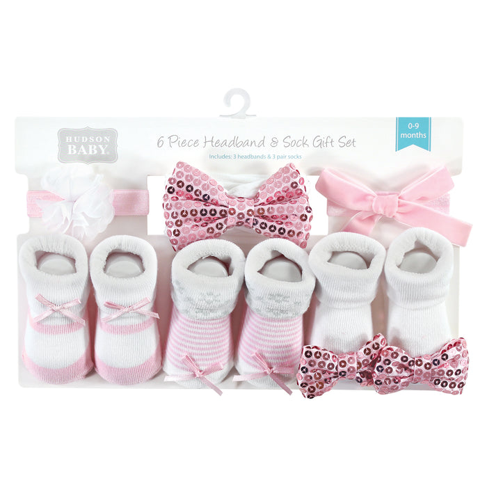 Hudson Baby Infant Girls Headband and Socks Giftset, Pink Sequin, One Size