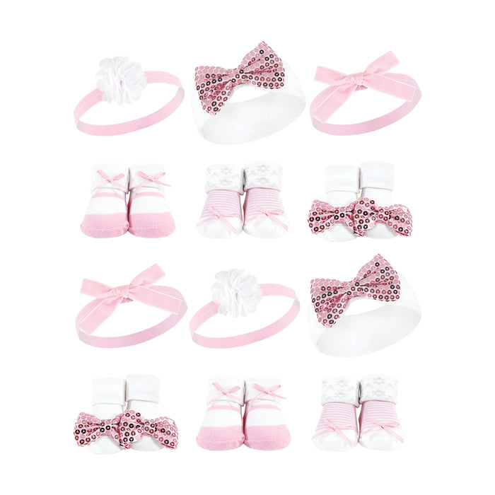 Hudson Baby Infant Girl 12 Piece Headband and Socks Giftset, Pink Sequin
