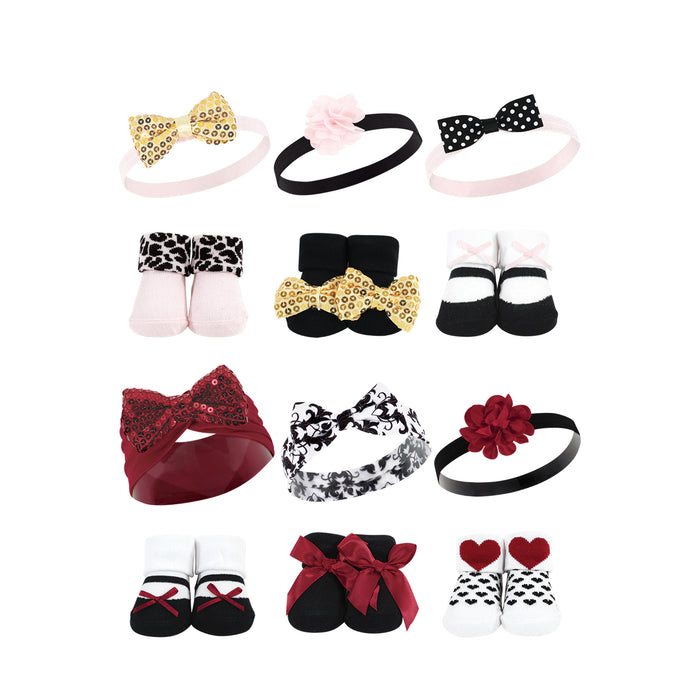 Hudson Baby Infant Girl 12 Piece Headband and Socks Giftset, Gold Sequin Red Sequin