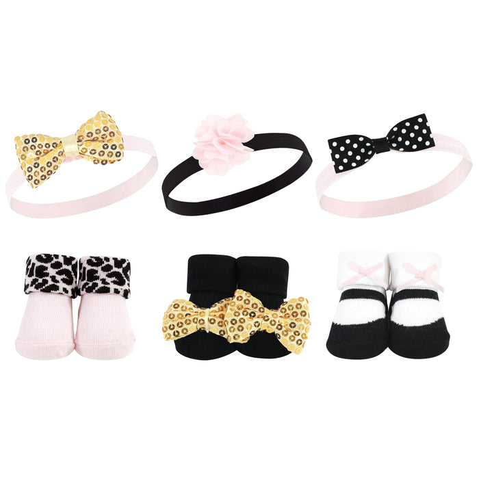Hudson Baby Infant Girl 12 Piece Headband and Socks Giftset, Gold Sequin