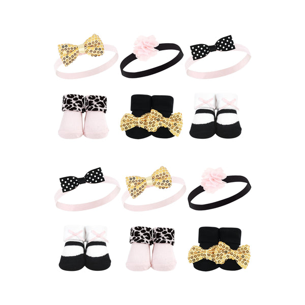 Hudson Baby Infant Girl 12 Piece Headband and Socks Giftset, Gold Sequin