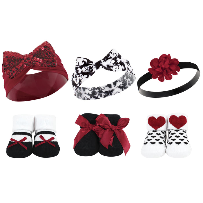 Hudson Baby Infant Girl 12 Piece Headband and Socks Giftset, Gold Sequin Red Sequin