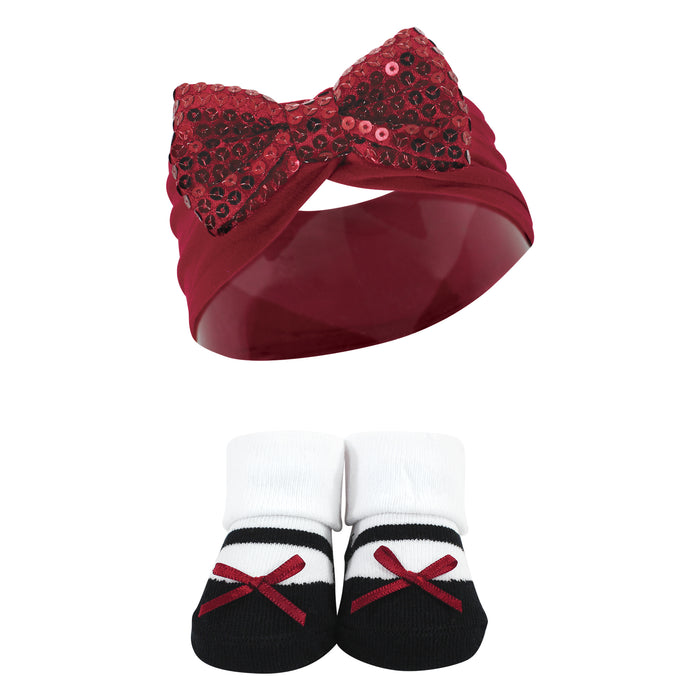Hudson Baby Infant Girls Headband and Socks Giftset, Red Sequin