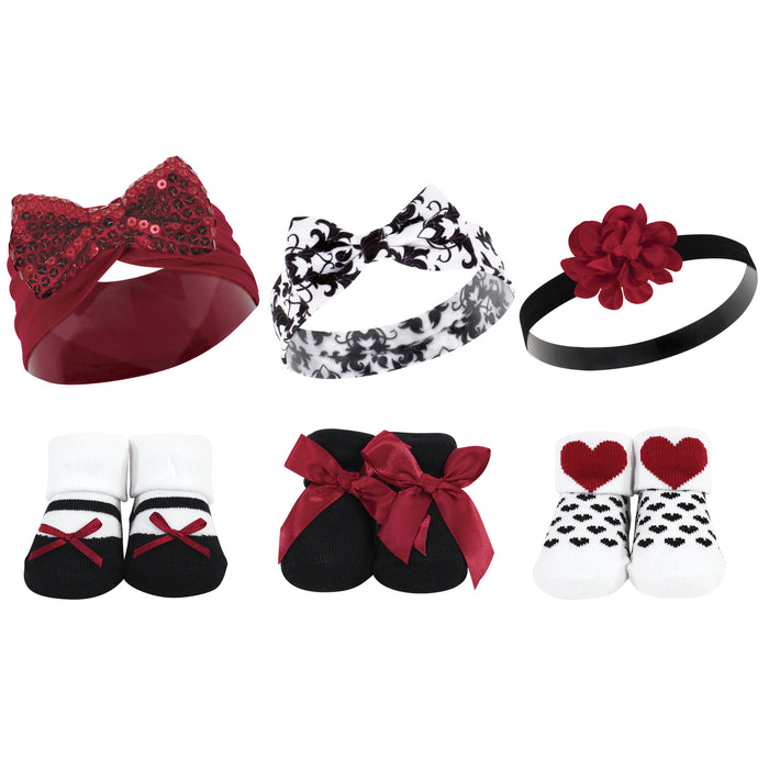 Hudson Baby Infant Girl 12 Piece Headband and Socks Giftset, Red Sequin