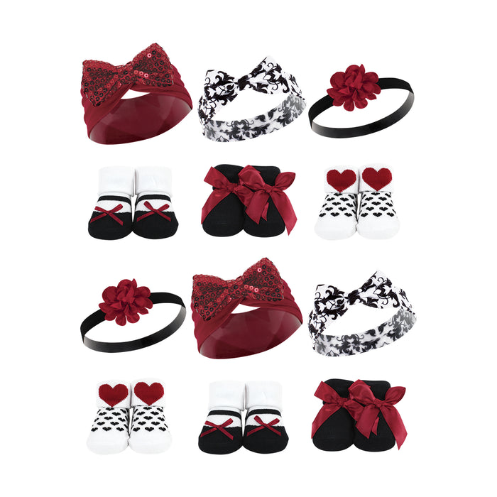 Hudson Baby Infant Girl 12 Piece Headband and Socks Giftset, Red Sequin