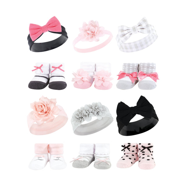 Hudson Baby Infant Girl 12 Piece Headband and Socks Giftset, Charcoal Pink Black Gray