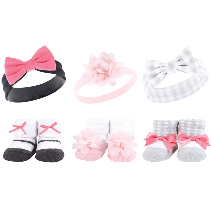 Hudson Baby Infant Girl 12 Piece Headband and Socks Giftset, Charcoal Pink Black Gray