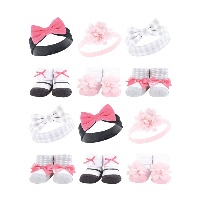Hudson Baby Infant Girl 12 Piece Headband and Socks Giftset, Pink Charcoal