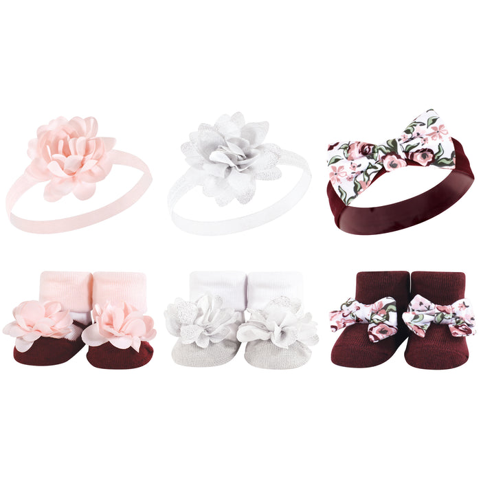 Hudson Baby Infant Girl Headband and Socks Giftset, Pink Burgundy