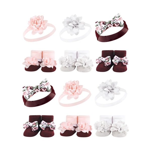 Hudson Baby Infant Girl 12 Piece Headband and Socks Giftset, Pink Burgundy