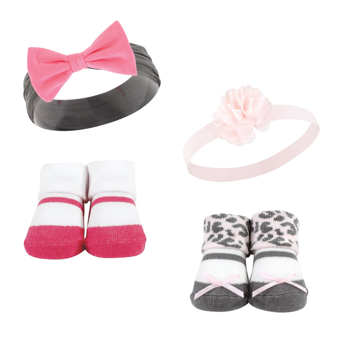 Hudson Baby Infant Girls Headband and Socks Set, Leopard, 0-9 Months