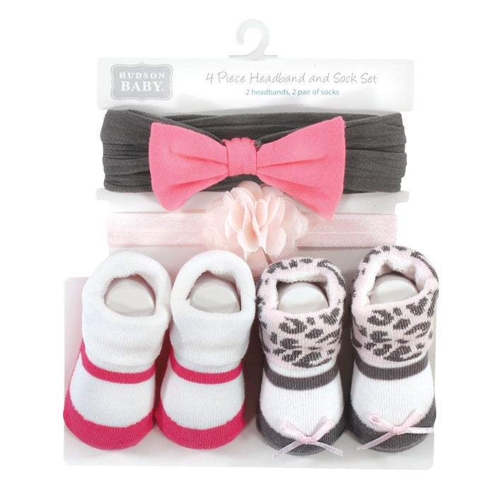 Hudson Baby Infant Girls Headband and Socks Set, Leopard, 0-9 Months