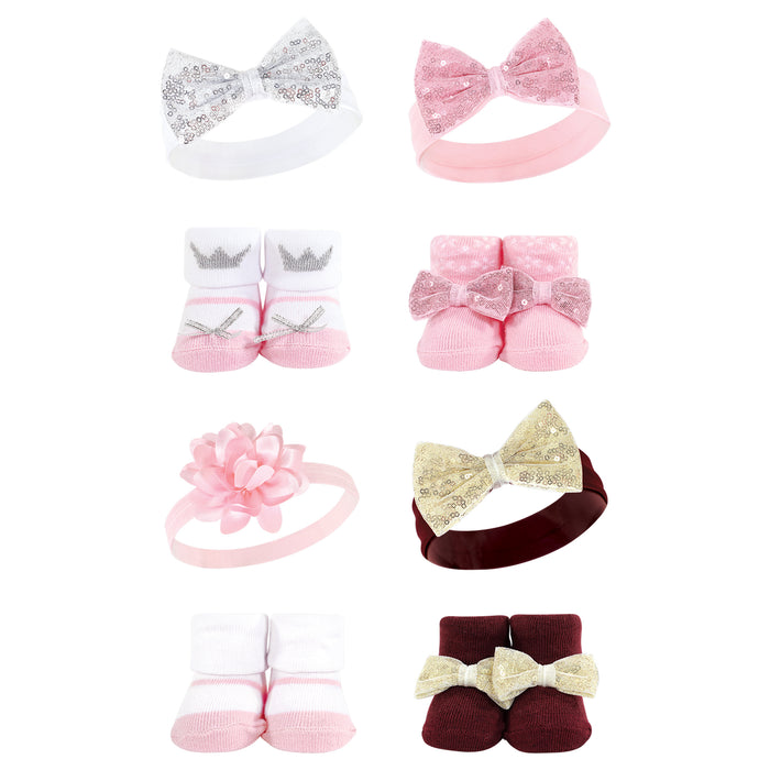 Hudson Baby Infant Girl 8 Piece Headband and Socks Set, 0-9 Months