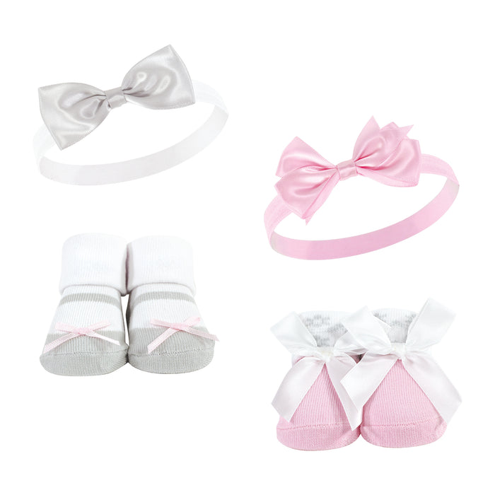Hudson Baby Infant Girls Headband and Socks Set, Pink Gray, 0-9 Months