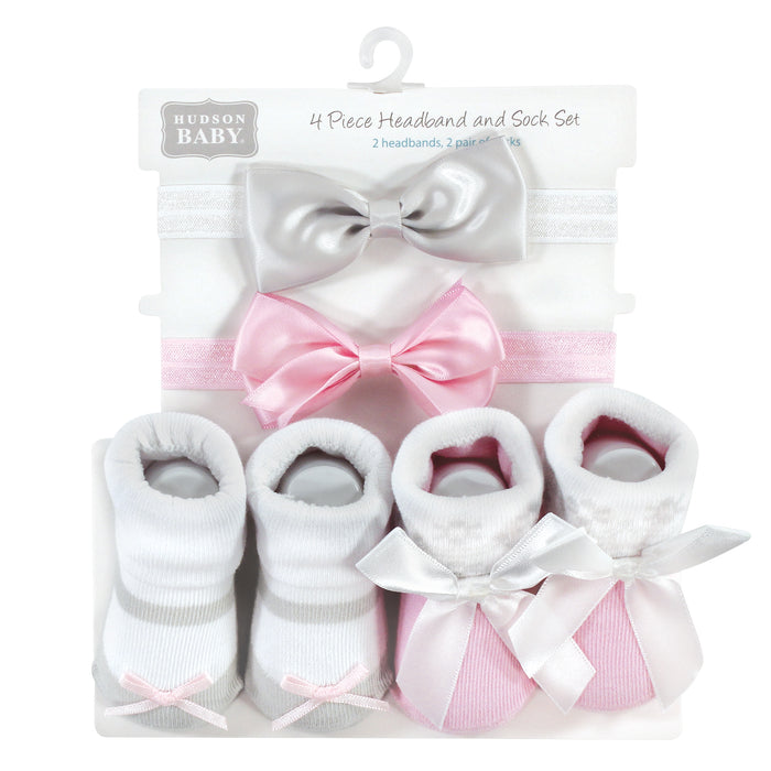 Hudson Baby Infant Girls Headband and Socks Set, Pink Gray, 0-9 Months