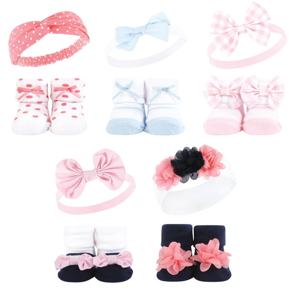 Hudson Baby Infant Girl Headband and Socks Giftset, Pink Blue 10-Piece