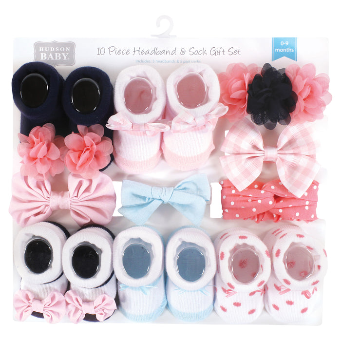 Hudson Baby Infant Girl Headband and Socks Giftset, Pink Blue 10-Piece