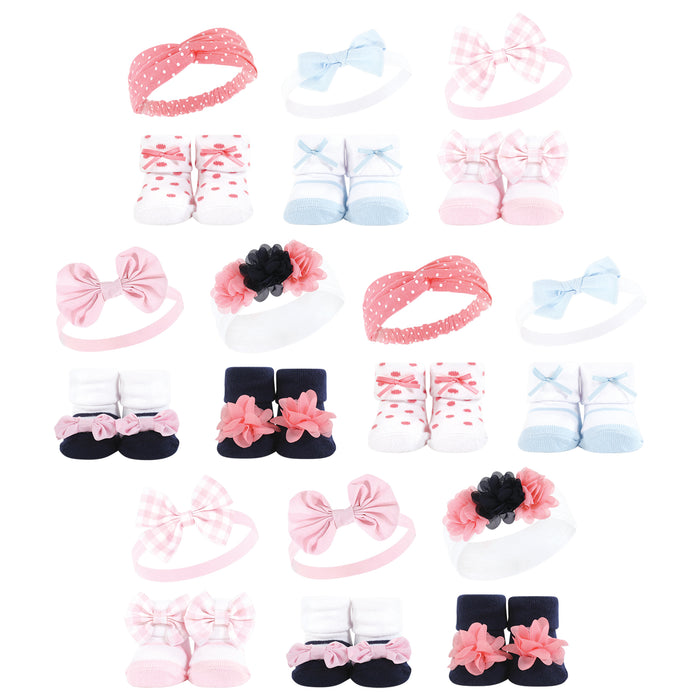 Hudson Baby Infant Girl 20 Piece Headband and Socks Giftset, Pink Blue