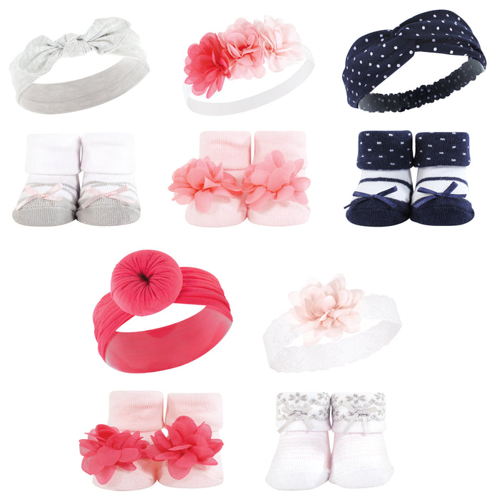 Hudson Baby Infant Girl 20 Piece Headband and Socks Giftset, Pink Navy