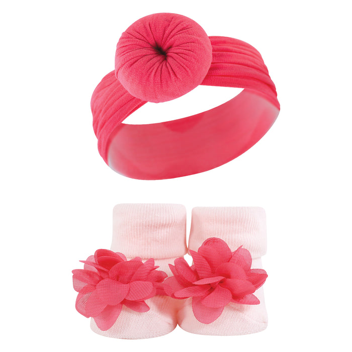 Hudson Baby Infant Girl Headband and Socks Giftset, Pink Navy 10-Piece