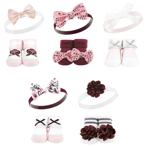 Hudson Baby Infant Girls Headband and Socks Set, Rose, 0-9 Months