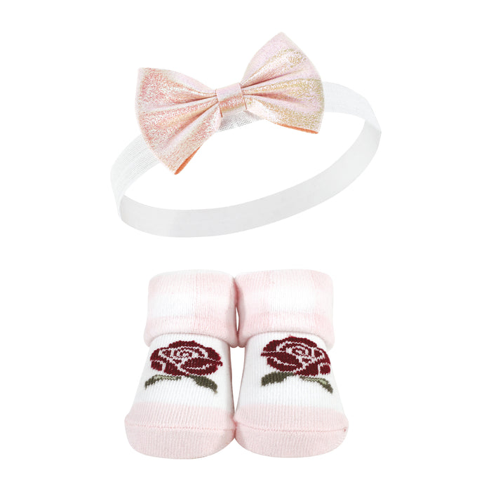 Hudson Baby Infant Girls Headband and Socks Set, Rose, 0-9 Months