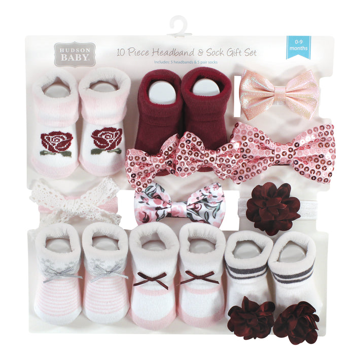 Hudson Baby Infant Girls Headband and Socks Set, Rose, 0-9 Months