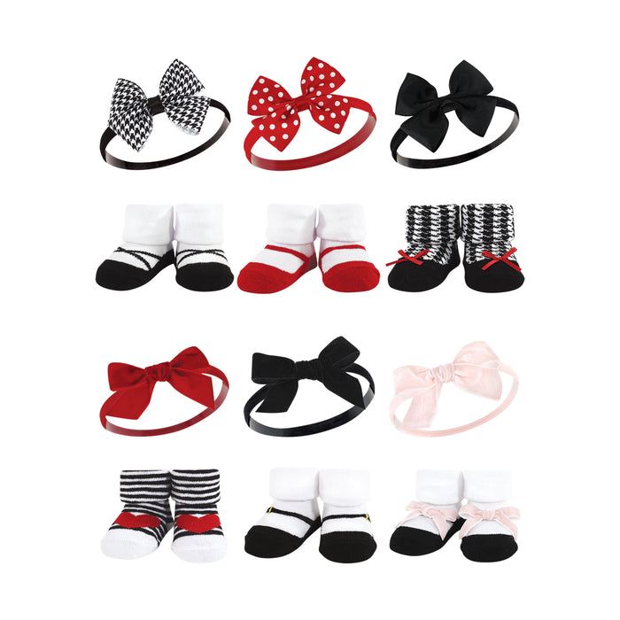 Hudson Baby Infant Girl 12 Piece Headband and Socks Giftset, Red Houndstooth Red Pink