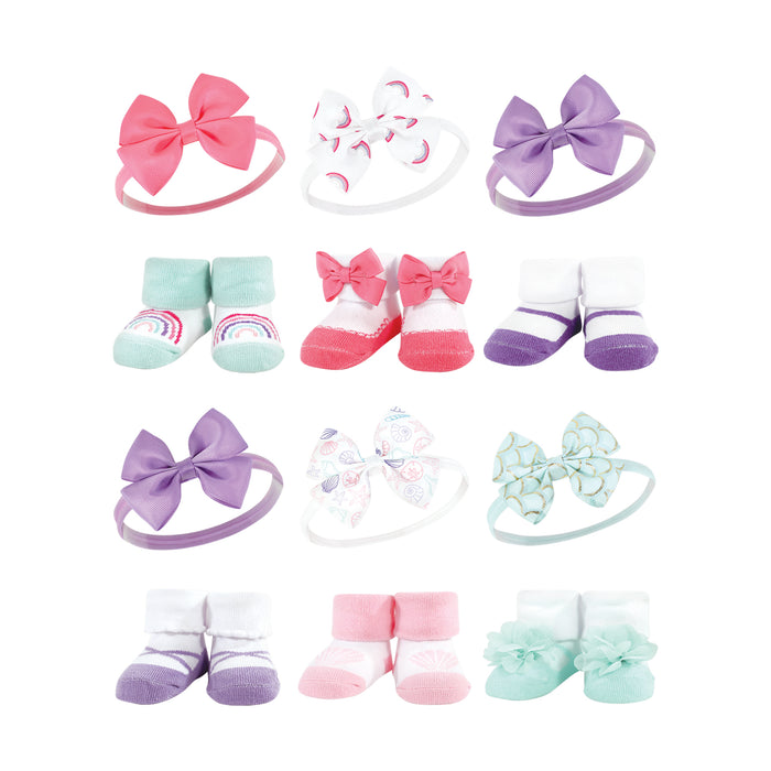 Hudson Baby Infant Girl 12 Piece Headband and Socks Giftset, Purple Rainbow Mermaid