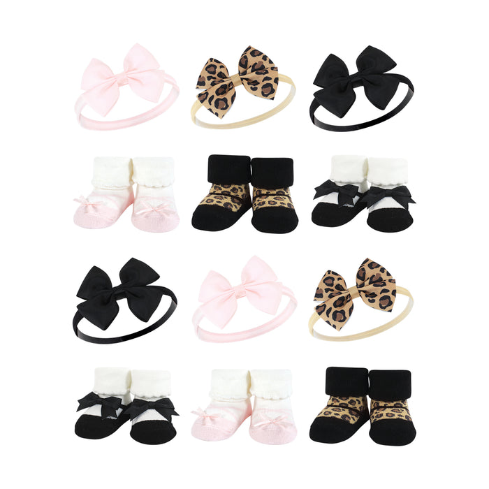 Hudson Baby Infant Girl 12 Piece Headband and Socks Giftset, Leopard