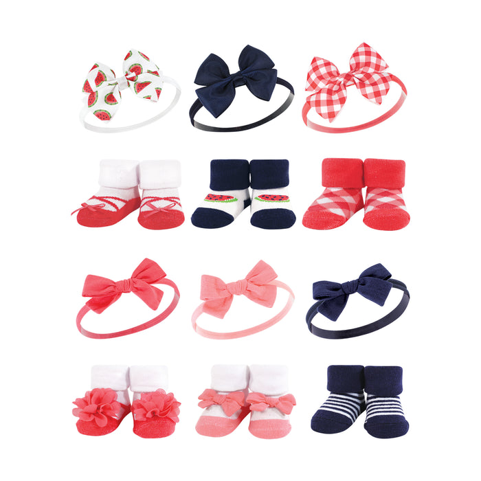 Hudson Baby Infant Girl 12 Piece Headband and Socks Giftset, Watermelon Navy Coral