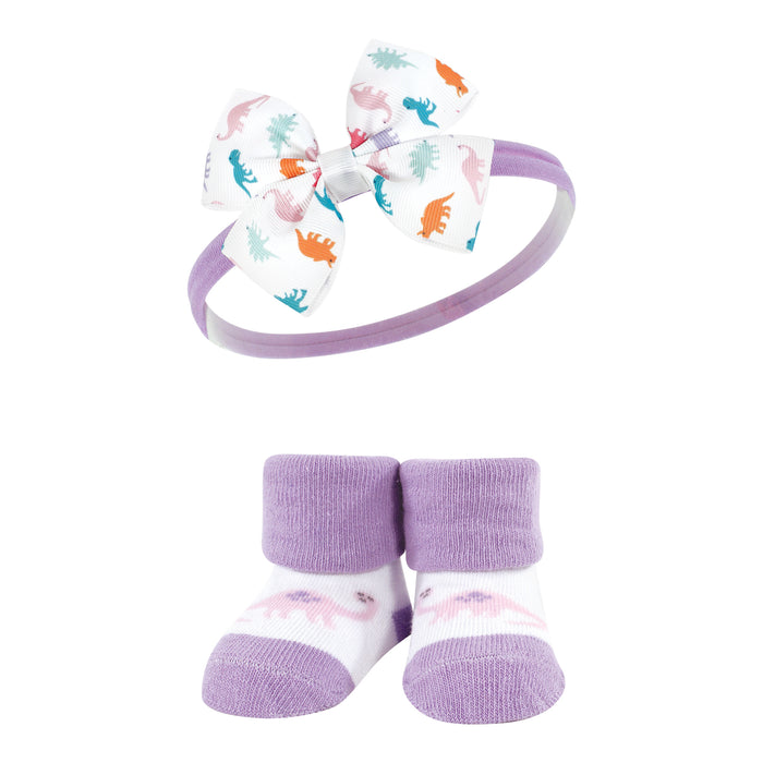 Hudson Baby Infant Girls Headband and Socks Giftset, Dinosaurs, One Size