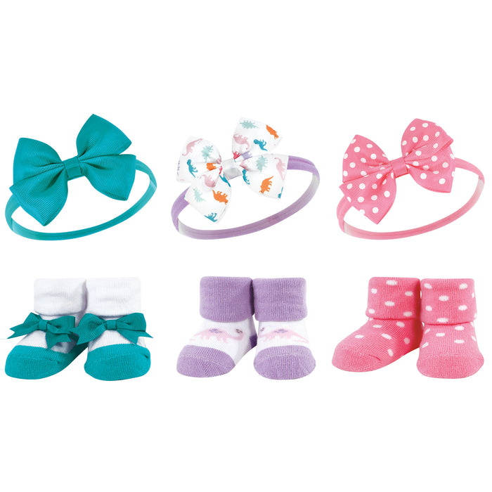 Hudson Baby Infant Girls Headband and Socks Giftset, Dinosaurs, One Size