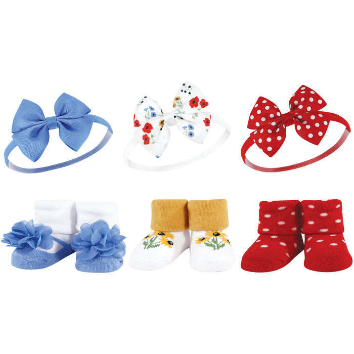 Hudson Baby Infant Girl 12 Piece Headband and Socks Giftset, Wildflower Red Blue