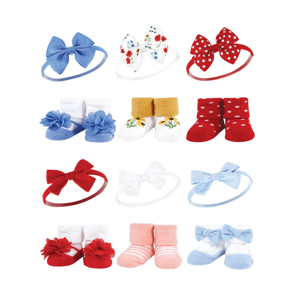 Hudson Baby Infant Girl 12 Piece Headband and Socks Giftset, Wildflower Red Blue