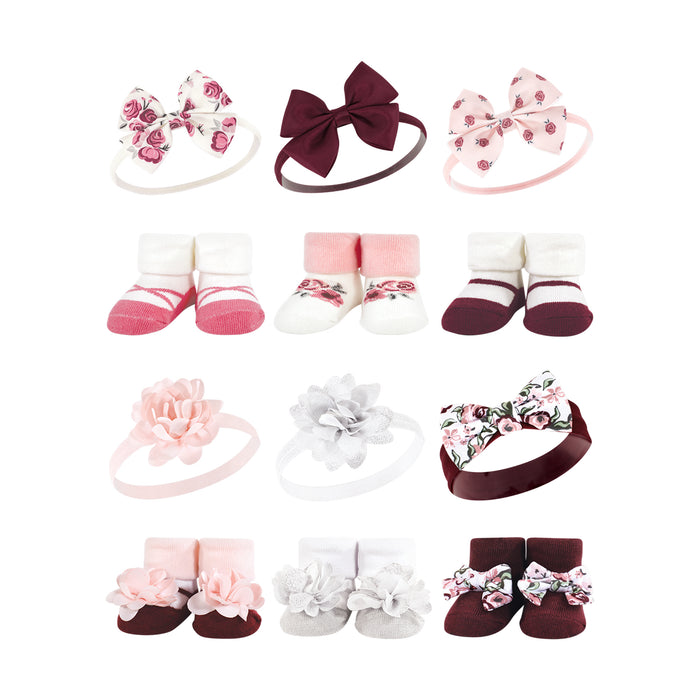 Hudson Baby Infant Girl 12 Piece Headband and Socks Giftset, Rose Pink Burgundy
