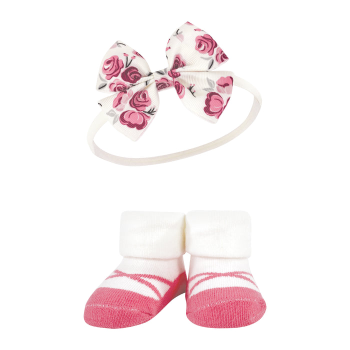 Hudson Baby Infant Girls Headband and Socks Giftset, Rose, One Size