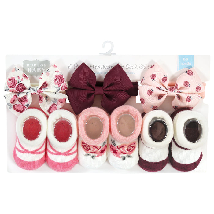 Hudson Baby Infant Girls Headband and Socks Giftset, Rose, One Size