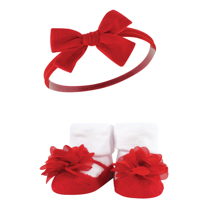 Hudson Baby Infant Girls Headband and Socks Giftset, Red Blue, One Size