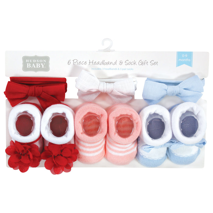 Hudson Baby Infant Girls Headband and Socks Giftset, Red Blue, One Size