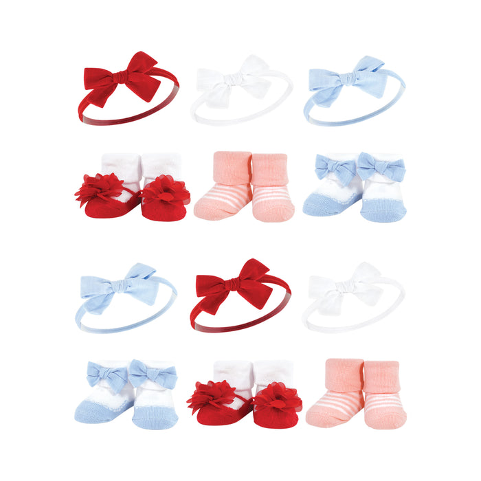 Hudson Baby Infant Girl 12 Piece Headband and Socks Giftset, Red Blue, One Size