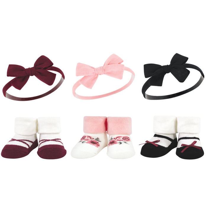 Hudson Baby 12 Piece Headband and Socks Giftset, Burgundy Black Stripe Neutrals