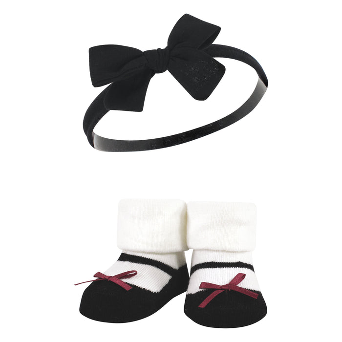 Hudson Baby Infant Girls Headband and Socks Giftset, Burgundy Black, One Size